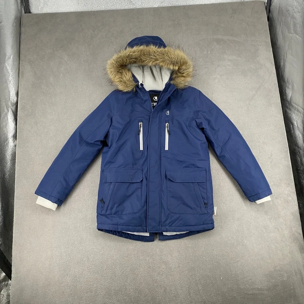 Liquid Boys Navy Blue 3M Thinsulate Insulated Winter Parka Faux Fur Hood L 12-14